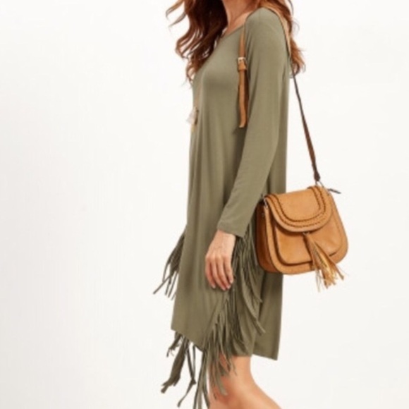 Olive green fringe dress. - Picture 2 of 7